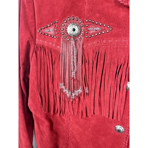 Scully Red Suede Leather Jacket Fringe Concho Beaded Medium Womens Western Wear - Picture 10 of 16